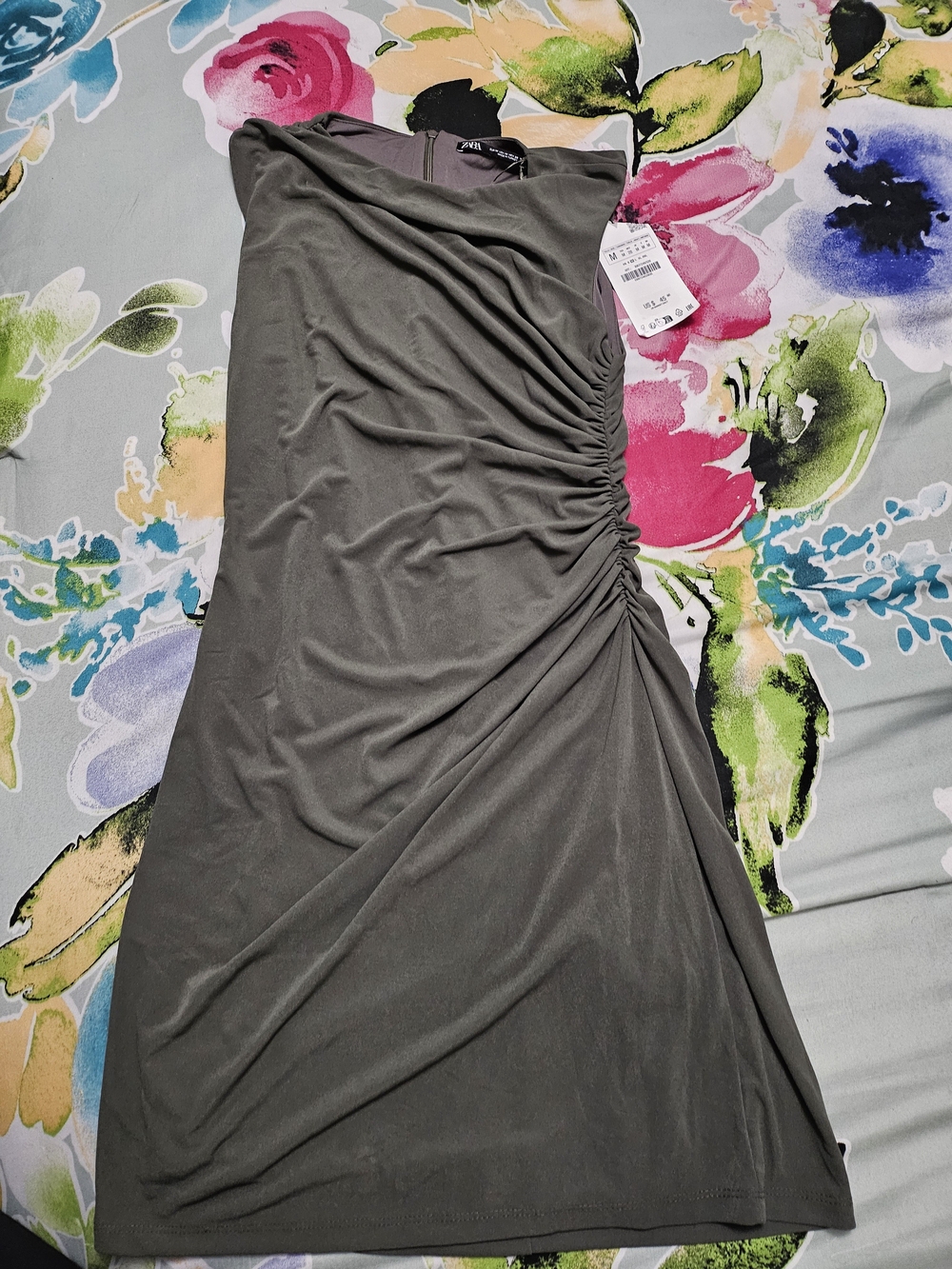 Zara One-Shoulder Olive Green Ruched Side Midi Dress